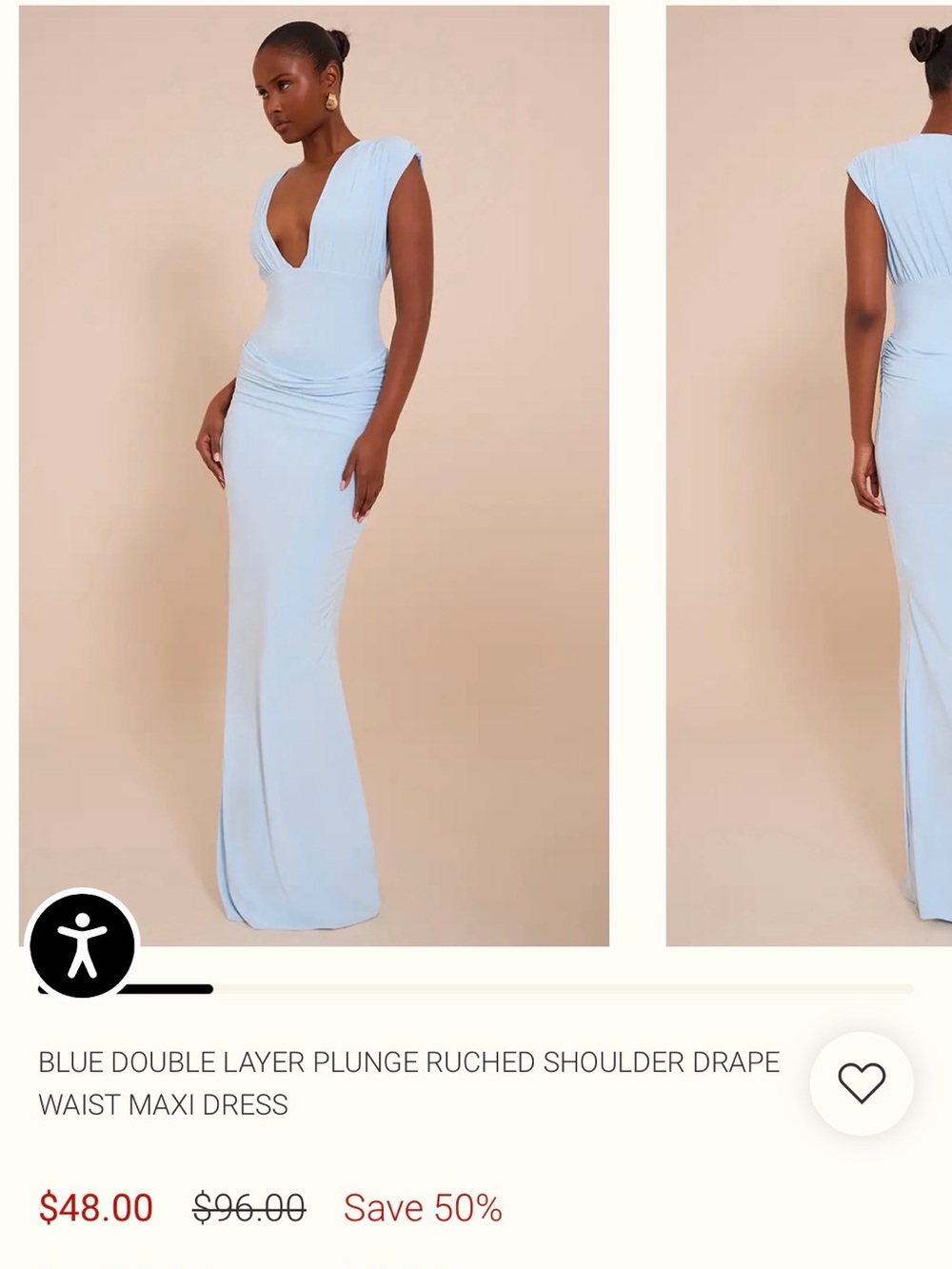 Plunge Ruched Shoulder Drape Maxi Dress - Blue